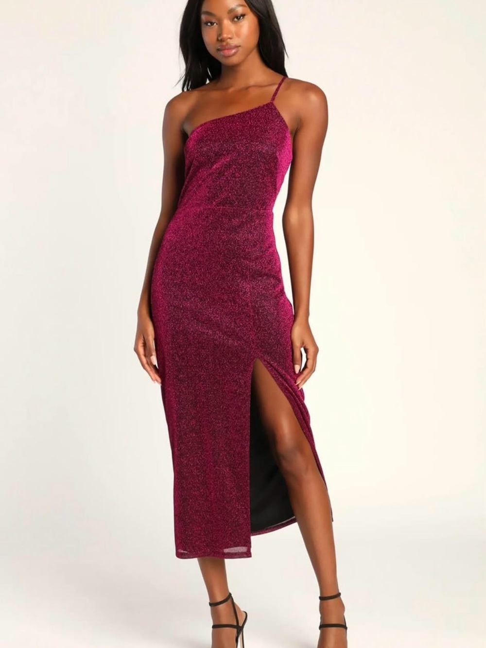 Lulu's One-Shoulder Sparkle Midi Dress in Burgundy